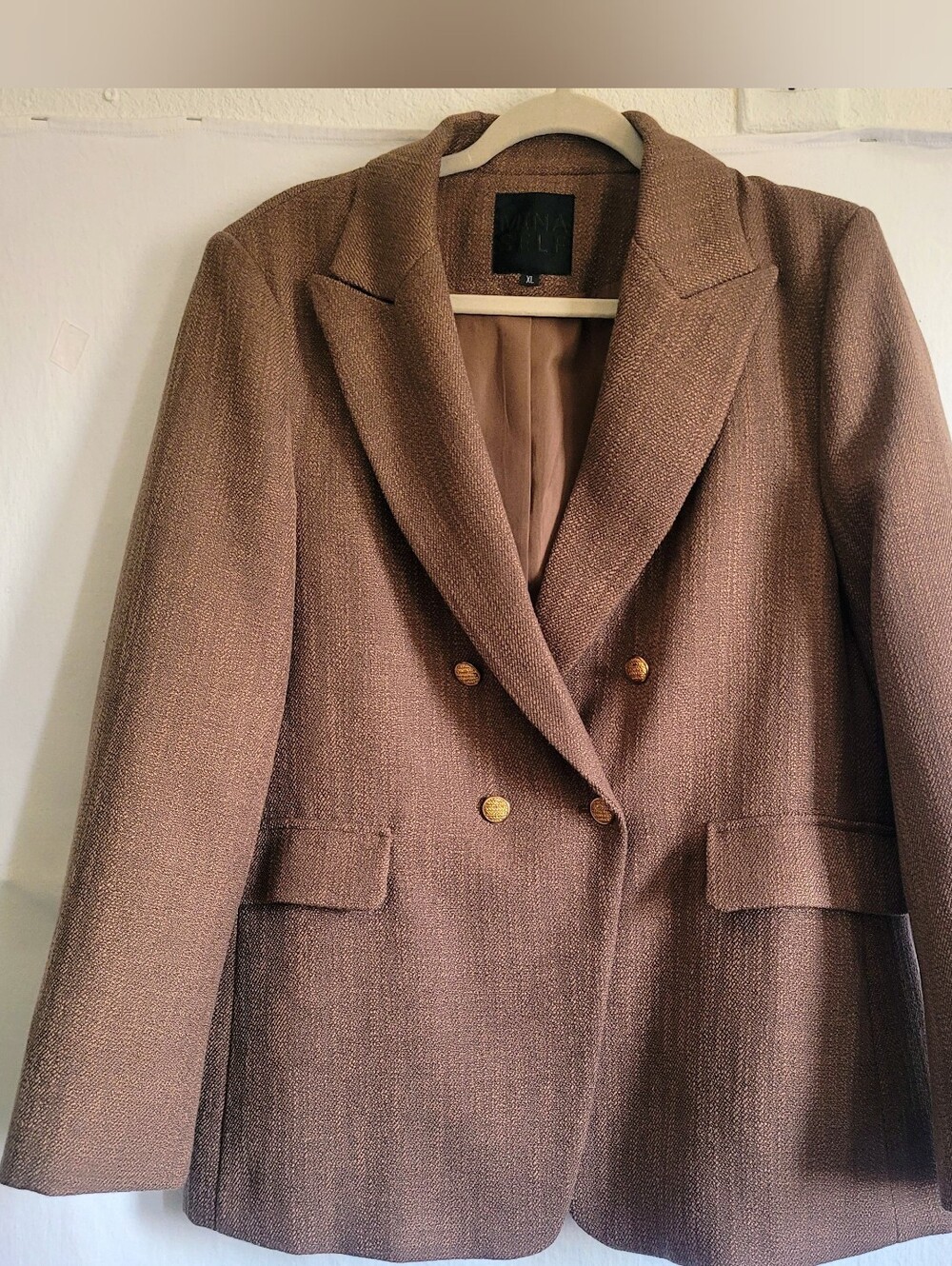 Mina Self Brand.. Double-Breasted Brown Tweed Blazer Jacket with Gold Buttons